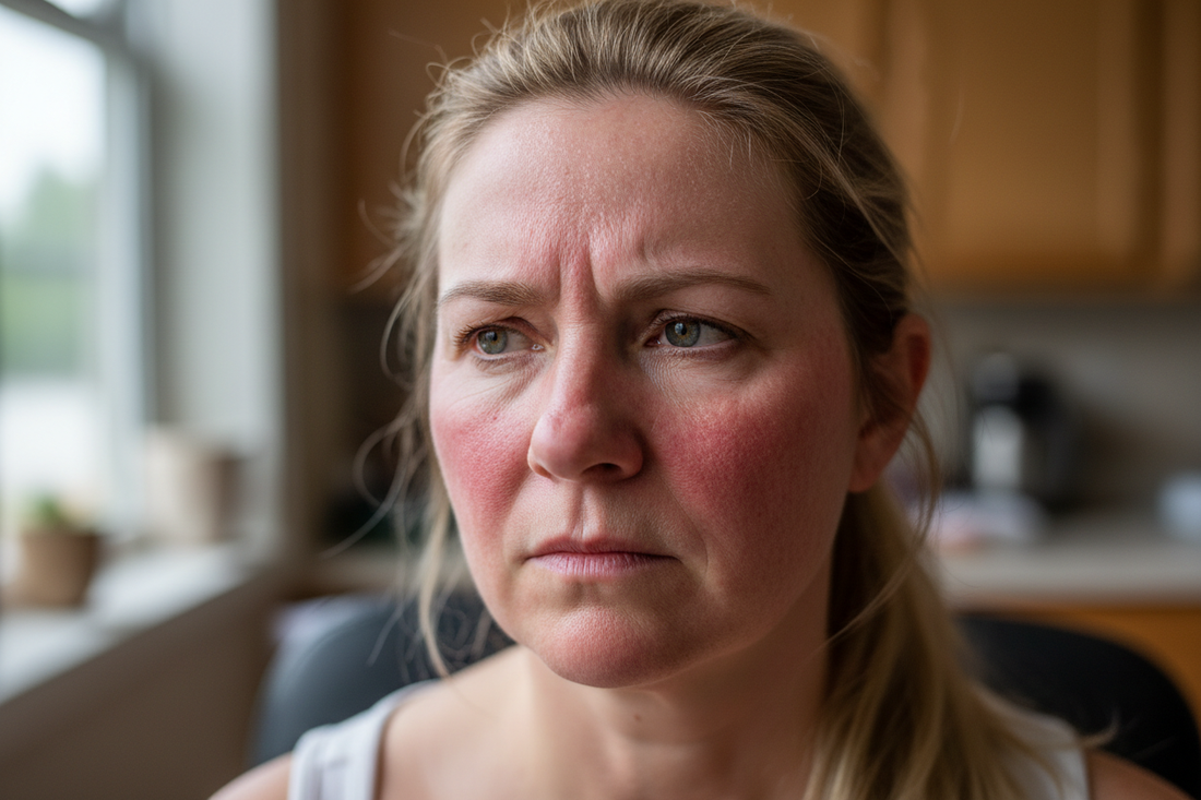 stressed woman with red flared cheeks