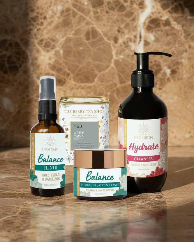 Collection of skincare products from The Berry Tea Shop on a white background