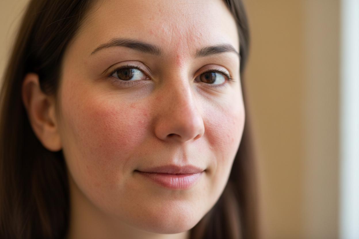 a woman with red, inflamed rosacea skin