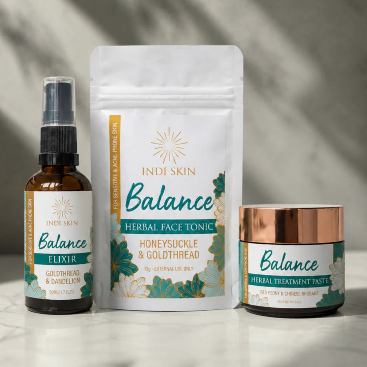 Indi Skin Balance range: Balance Elixir, Herbal Face Tonic and Herbal Treatment Paste
