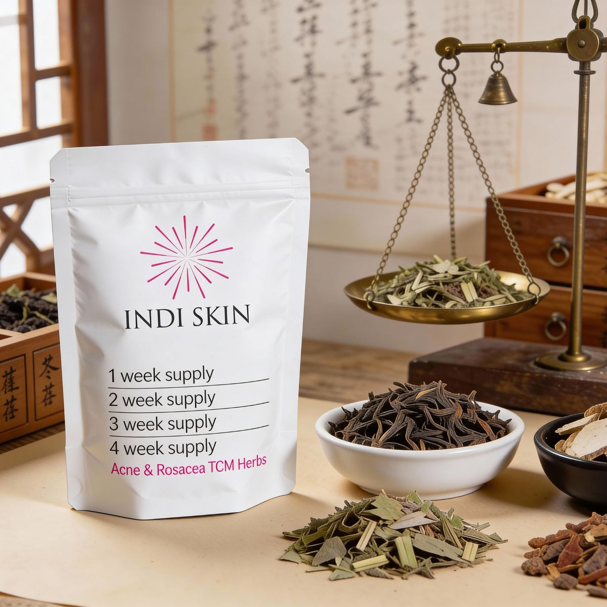 Indi Skin Chinese herbal medicine pouch with dried herbs and traditional apothecary scales