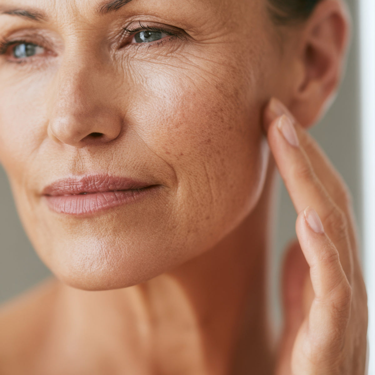 Close-up of a woman with mature skin touching her cheek