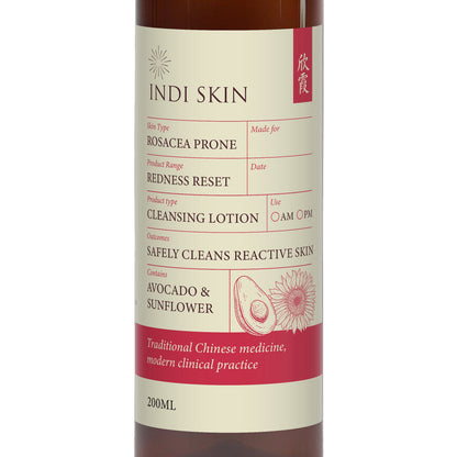 Close-up of the Redness Reset Cleansing Lotion label: rosacea prone, safely cleans reactive skin