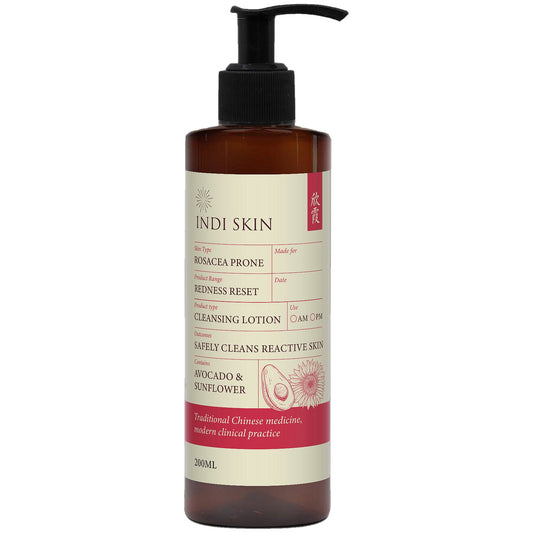 Redness Reset Cleansing Lotion 200ml for rosacea-prone skin, amber bottle with black pump