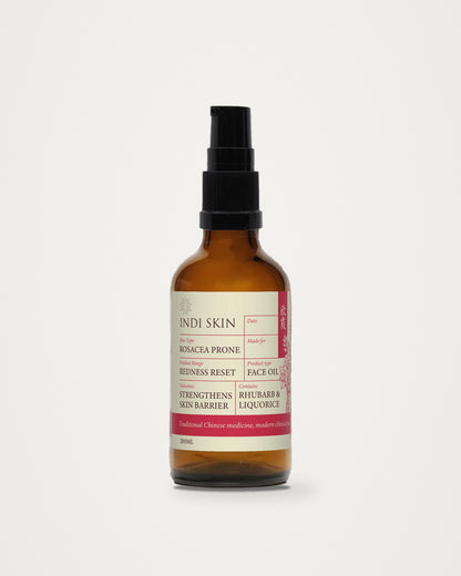 Redness Reset Face Oil 50ml amber glass bottle with treatment pump