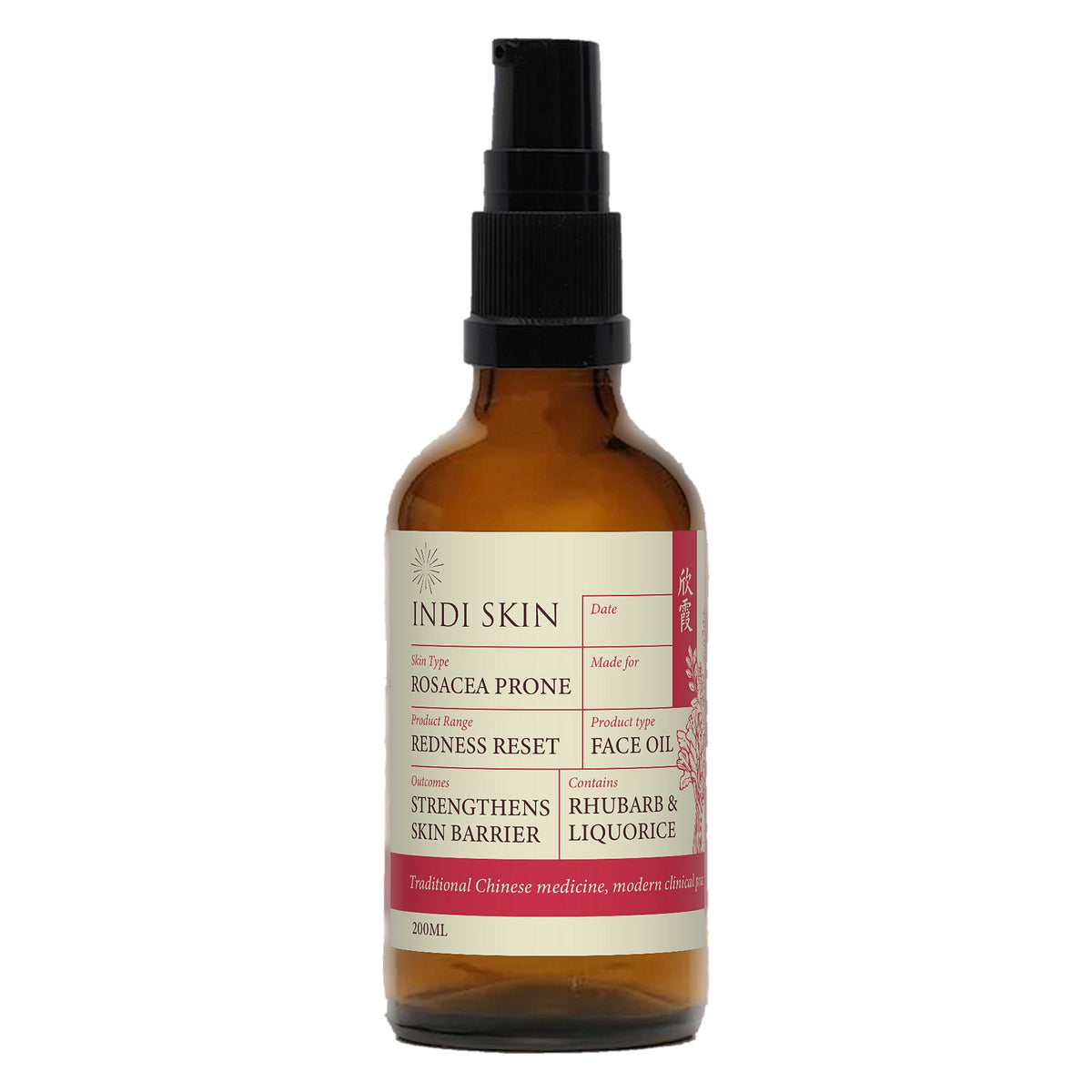 Redness Reset Chinese herbal Face Oil 50ml with rhubarb and liquorice, amber glass bottle
