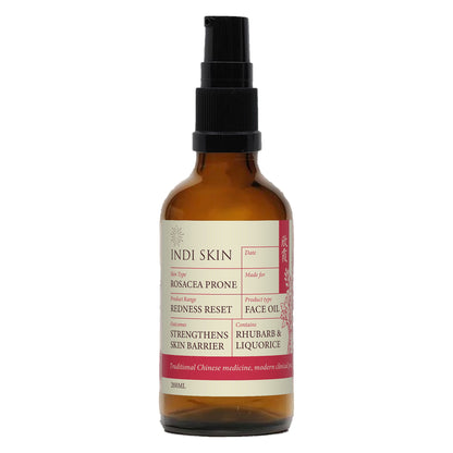 Redness Reset Chinese herbal Face Oil 50ml with rhubarb and liquorice, amber glass bottle