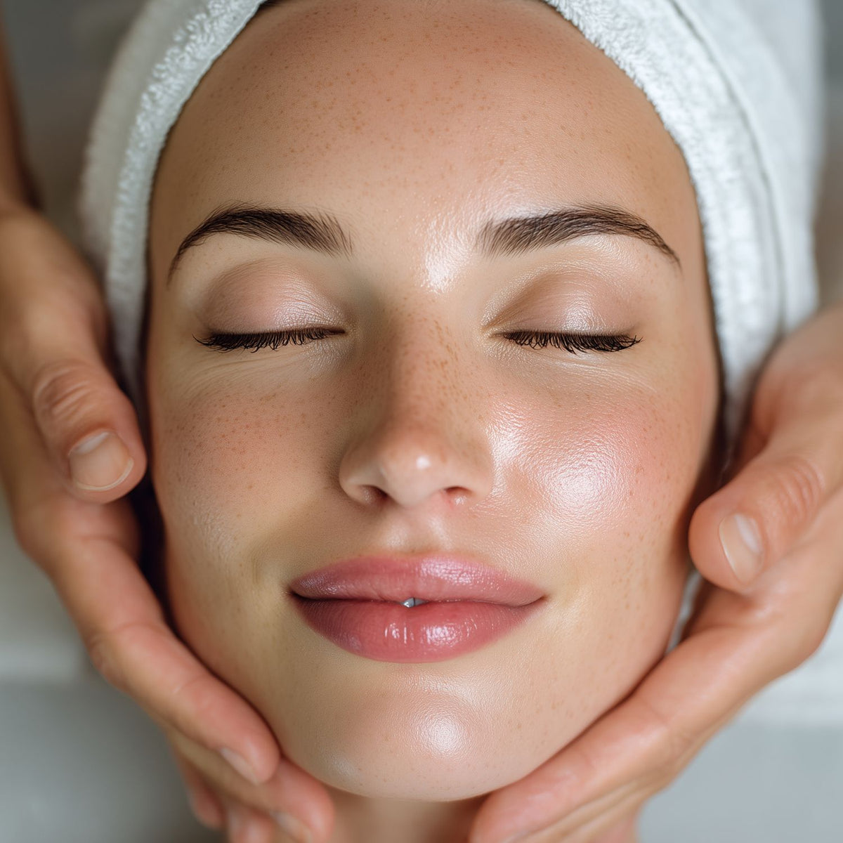 Client relaxing during a facial massage with a practitioner's hands on both cheeks